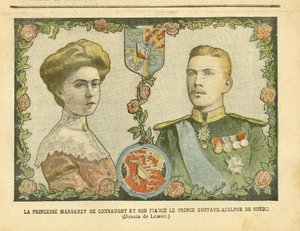 رسم توضيحي لأخيل ليموت (1846-1909) في لو بيليرين ، 21/05/05 - الأميرة مارغريت من كونوت وخطيبها الأمير غوستاف أدولف من السويد - ملكية ، ميدالية ، سيادة أجنبية ، السويد - دي كونوت مارغريت (1882-1920) ، جوستاف الرابع أدولف السويدي بواسطة أشيل ليموت