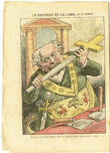 Illustration by Achille Lemot (1846-1909) in Le Pelerin, 23/05/09 - The Snake and the Lime - Antimaconism Freemaking, Religion Faith, Christian Cross, Fables La Fontaine and others, Catholic Catholicism - Laicisation Laicite Laiques - Snakes - Animalisatio بواسطة أشيل ليموت