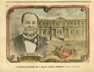 رسم توضيحي لأخيل ليموت (1846-1909) في Le Pelerin ، 07/05/05 - القاضي الموقر الذي استقبل M. Loubet في Bordeaux - Architecture Urbanisme ، رئيس الجمهورية ، بوردو - عمدة ، داني ألفريد (1832-1911) بواسطة أشيل ليموت