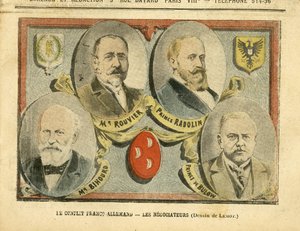 رسم توضيحي لأخيل ليموت (1846-1909) في لو بيليرين ، 09/07/05 - الصراع الفرنسي الألماني المفاوضون - مستعمرات الاستعمار الاستعماري ، ألمانيا بروسيا ، المغرب ، فرنسا ، طنجة - روفير موريس (1842-1911) ، بولو برنارد فون (1849-1929) ، راد