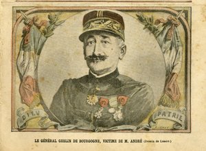 رسم توضيحي لأخيل ليموت (1846-1909) في لو بيليرين ، 27/03/04 - الجنرال جيسلين بورغندي ، ضحية السيد أندريه - أرمي ، قضية البطاقات - أندريه لويس ، الجنرال جينيرو ، جول هنري جيسلين من بورغوندي (1812 -1897)