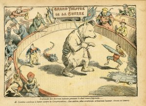 Illustration of Achille Lemot (1846-1909) in Le Pelerin, 28/02/04 - The attitude of various nations... - Russia, Russian-Japanese War - Combes Emile, Bear, Fair Bear - Animalisation, Carnival/Game/Circus