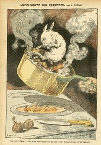رسم توضيحي لـ Achille Lemot (1846-1909) في Le Pelerin ، 29/01/05 - Rabbit jumte مع الجزر - Affaire des fiche ، مطبخ فن الطعام - Combes Emile (1835-1921) ، Rabbit - Saucepan - استعارة الطعام ، الحيوان بواسطة أشيل ليموت