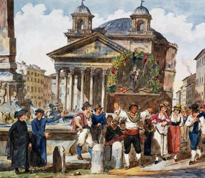 Strawberry festival at Pantheon in Rome, Watercolor by Achille Pinelli (1809-1841), Italy بواسطة أخيل بينيلي