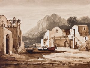 قرية ساحلية نابولية ، ربما كابري مع مونتي سولارو ، مع إضافات من الأمير ألفونسو ماريا دي بوربون (1841-1934) (قلم رصاص ، يغسل بني داكن و غواش على الورق) بواسطة أخيل فيانيلي