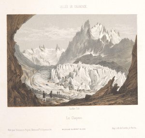 منظر لنهر Mer-de-Glace الجليدي في Les Bois و Les Tines Claciers des Bois ، depuis les Tines (العنوان على الكائن) ذكرى شاموني مونت بلانك (عنوان المسلسل) متحف دو مونت بلانك (عنوان السلسلة)