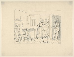 العبيد يخفون سيدهم من حفلة بحث من النقش الحربي الكونفدرالي ، 1861-1863.