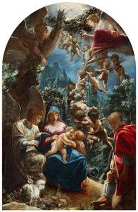 الإيطالية: sacra famiglia con san giovannino e un angelo العائلة المقدسة مع الرضيع يوحنا المعمدان والملائكة