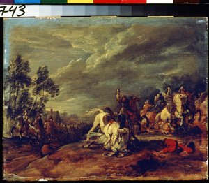 معركة. معركة. لوحة آدم فرانس فان دير ميولين (1632-1690). زيت على خشب. الفن الفلمنكي ، على الطراز الباروكي. متحف بوشكين للفنون الجميلة ، موسكو. بواسطة Adam Frans van der Meulen