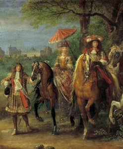 الملك لويس الرابع عشر (1638-1715) والملكة ماري تيريز من النمسا (1638-1683) يسيران أمام قلعة فينسينز في عام 1669 تفاصيل اللوحة التي رسمها آدم فرانس فان دير ميولين (1632-1690)