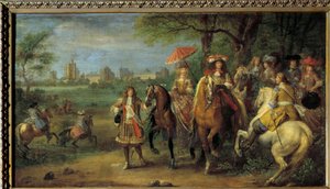 الملك لويس الرابع عشر (1638-1715) والملكة ماري تيريز من النمسا (1638-1683) يسيران أمام قلعة فينسينز عام 1669 رسم لآدم فرانس فان دير ميولين (1632-1690) بواسطة Adam Frans van der Meulen