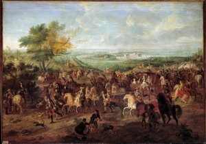 المشي بعربة الملك لويس الرابع عشر (1638-1715) ، الملكة ماري تيريز من النمسا ، دوفين لويس ودوفين أمام قلعة كلاني في فرساي لوحة لآدم فان دير ميولين (1632-1690) حوالي 1680 شمس. 1،4x1،9