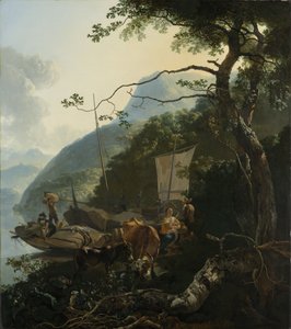 القوارب الراسية على شاطئ بحيرة إيطالية ، 1650-70
