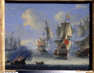 معركة بحرية (معركة بحرية). لوحة لآدم سيلو (1674-1757). زيت على قماش ، ٢٥ × ٣٣.٥ سم. الفن الهولندي ، الفن الباروكي. متحف الدولة للفنون ، تولا (أو تولان).