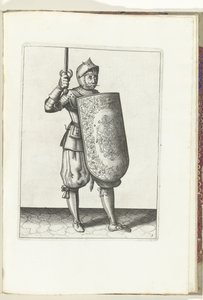 التمرين مع التارج والسيف: يمسك الجندي السيف المرسومة بما لا يزيد عن وجهه (رقم 5) ، 1618 Nassausche Wapen-Handelinge ، Van Schilt ، Spies ، Rappier Ende Targe: يصور بواسطة الشكل ، ويظهر بعد الترتيب الجديد [لـ] بواسطة آدم فان برين
