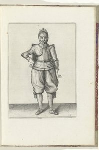 التمرين مع تارج وسيف: الجندي في حالة راحة مع القميص على ظهره (رقم 1) ، 1618 The Nassausche Wapen-Handelinge، van Schilt، Spies، Rappier Ende Targe: يصور بالشكل ، ويظهر بعد الترتيب الجديد [لـ] (...) موريتس فان ناسا بواسطة آدم فان برين