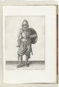 التمرين بالدرع والرمح: يعيد الجندي الدرع إلى ظهره بذراعه اليسرى (رقم 26) ، 1618 دي ناساوش وابن هاندلينج ، فان شيلت ، جواسيس ، رابير إند تارج: صورت من قبل بيدي فيجويرليك ، تم طرحها بعد الترتيب الجديد [لـ] (.. بواسطة آدم فان برين