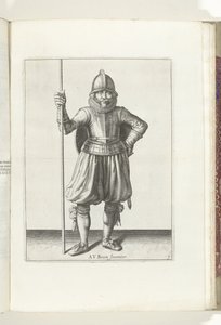 التمرين بالدرع والرمح: الجندي مستريح والرمح بيده والدرع على ظهره (رقم 1) ، 1618 Nassausche Wapen-Handelinge ، Van Schilt ، Spies ، Rappier Ende Targe: يصور بواسطة الشكل ، ويتم تعيينه بعد النظام الجديد [من] ( بواسطة آدم فان برين
