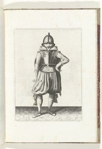 التمرين بالدرع والرمح: الجندي يقف مستريحًا والدرع على ظهره (رقم 27) ، 1618 The Nassausche Wapen-Handelinge، van Schilt، Spies، Rappier ende Targe: يصور بالشكل ، ويظهر بعد الترتيب الجديد [لـ] (...) Maurits v بواسطة آدم فان برين