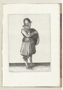 التمرين بالدرع والرمح: سحب الجندي ذراعه من حزام الدرع (رقم 25) ، 1618 The Nassausche Wapen-Handelinge، van Schilt، Spies، Rappier Ende Targe: يصور بالشكل ، ويتم تعيينه بعد الترتيب الجديد [لـ] (...) موريتس بواسطة آدم فان برين