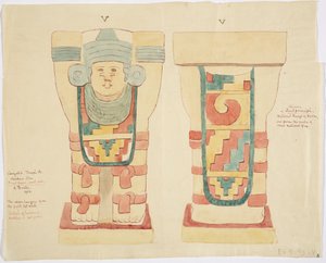 كارياتيد من الغرفة الخارجية ، المعبد العلوي لجاغوار (المعبد أ) ، ملعب الكرة ، تشيتشن إيتزا (ألوان مائية) بواسطة أديلا بريتون