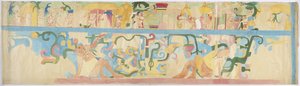 Copy of a mural painting from the south west wall, Upper Temple of the Jaguars, Chichen Itza, Mexico (watercolor & bodycolour) بواسطة أديلا بريتون