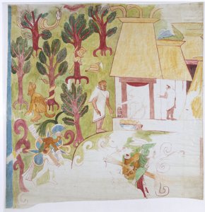 Copy of part of a wall painting from the south end panel, east wall, inner chamber, Upper Temple of the Jaguars, Great Ball Court, Chichen Itza,    (watercolor & bodycolour) بواسطة أديلا بريتون