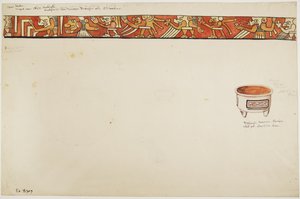 الإطار الداخلي لإناء ثلاثي القوائم (يصور أشكالًا غريبة) وإناء أبيض به تصميمات موجودة في مستطيلات (ألوان مائية) بواسطة أديلا بريتون