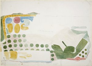 Painting of part of a mural depicting a scene of human sacrifice from above the door of the inner chamber, Upper Temple of the Jaguars, Upper Temple Ball Court, Chichen Itza, Mexico (watercolor) بواسطة أديلا بريتون