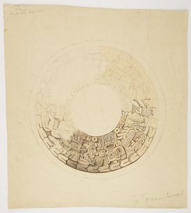 Pot cover from Belize (formerly British Honduras) Circular design, part of which is missing, shows a design including figures of men, glyphs etc (watercolor) بواسطة أديلا بريتون