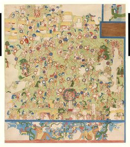 نسخة ربع حجم لرسوم جدارية من الطرف الجنوبي للجدار الغربي ، المعبد العلوي لجاغوار ، تشيتشن إيتزا ، المكسيك (ألوان مائية) بواسطة أديلا بريتون