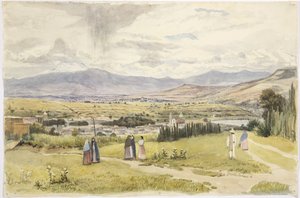 View of Tlaxcala and Ixtaccihuatl in Mexico (watercolor) بواسطة أديلا بريتون