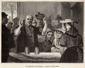 ضام ، في نزل في Kruiningen ، يصنع رقمه أمام المتفرجين اليقظين ، محفورًا بعد الرسم الذي رسمه Adolf Dillens ، يوضح رحلة إلى Zelande (Neerlande) ، في عام 1873 ، بواسطة Charles de Coster ، نُشر في "Le Tour du monde 1874 ، تم تحريره