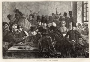 Scene d'auberge ، أحد أعمال Vrouwe-Polder (Vrouwe Polder) ، نقش بعد الرسم الذي رسمه Adolf Dillens ، يوضح رحلة إلى Zelande (Neerlande) ، في عام 1873 ، بواسطة Charles de Coster ، نُشر في "" Le tour du monde "" 1874 ، حرره إدوارد شارتو