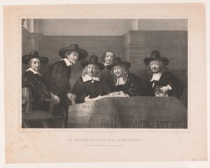 De Staalmeesters: كلية سادة الصلب (Waarijns) التابعة لنقابة صانعي الملابس في أمستردام De Staalmeesters ، بعد Rembrandt / Premium plate der Kunstkronijk ، المجلد السادس عشر (1854) (العنوان على الكائن)