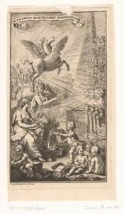 مشهد استعاري مع كتابة امرأة وتماثيل نصفية وبيغاسوس وأبولو صفحات عنوان لـ: Cornelis Sweerts ، Poetical Symbols ، 1736
