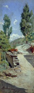 طريق في التلال بواسطة Adolfo Belimbau (1845-1938) ، زيت على لوح ، 23x9 سم