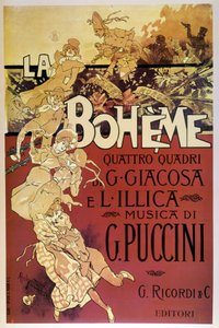 ملصق La Bohème لأدولفو هوهنشتاين للعرض الأول لأوبرا جياكومو بوتشيني في مسرح ريجيو دي تورينو ، 02/01/1896.