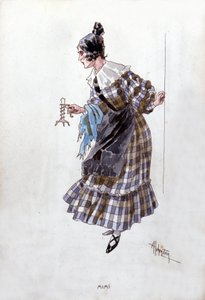 زي شخصية ميمي لأوبرا "La Boheme" لجياكومو بوتشيني (1858-1924). لوحة مائية من Adolfo Hohenstein.