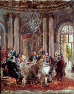 المائدة المستديرة لفريدريك الثاني من بروسيا (1712-1786) مع فولتير (فرانسوا ماري) أرويت دي فولتير (1694-1778) وكريستوف لودفيج فون ستيل (1696-1752) في قصر سانسوسي - رسم أدولف مينزل (1815- 1905) بواسطة أدولف مينزل
