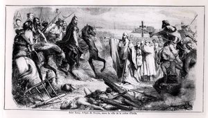 سانت لوب يدافع عن مدينة تروا ضد أتيلا الهون (c.406-453) على حصانه ، توضيح من تاريخ فرنسا ، النصف الثاني من القرن التاسع عشر (صور من وزن الجسم) بواسطة أدولف فرانسوا بانيميكر