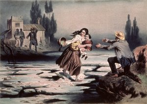 إليزا تعبر الجليد الطافي لنهر أوهايو إلى الحرية ، رسم توضيحي من "كوخ العم توم" بواسطة هارييت بيتشر ستو ، نقش بواسطة تشارلز بور (1814-1881) (ليثو) (انظر أيضًا 90903) بواسطة Adolphe Jean-Baptiste (بعد) Bayot