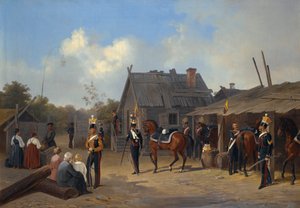 "" إقامة جنود مؤقتين في قرية "(جنود يتنقلون في قرية) لوحة رسمها أدولف لادورنر (1798-1856)
