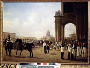 عرض عسكري في ساحة القصر في سانت بطرسبرغ (عرض في ساحة القصر في سانت بطرسبرغ). لوحة لأدولف لادورنر (1798-1856) ، زيت على قماش