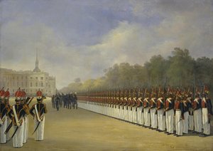 موكب فوج الحرس بافلوفسكي في ميدان المريخ في سانت بطرسبرغ ، 1830s