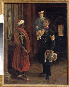 مشهد في المحكمة. لوحة لأدولف لادورنر (1798-1856) ، زيت على قماش ، حوالي عام 1840. الفن الفرنسي في القرن التاسع عشر. متحف الدولة للحرب والتاريخ في بورودينو ، موسكو.