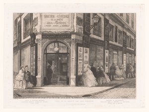 منظر لأعمال Cadart و Luquet مع السيدات والسادة عند نوافذ المتجر Siège de la société des Aqua-fortistes (العنوان على الكائن) Eaux-Fortes Modernes: Originales et Inédites (عنوان السلسلة)
