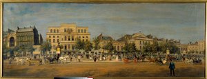 تحولات باريس في ظل الإمبراطورية الثانية ، Haussmann Paris: "" منظر عام لمسارح شارع boulevard du Temple (Gaite ، Imperial) قبل ثقب شارع الأمير يوجين (شارع فولتير الحالي) "لوحة رسمها أدولف بوتيمونت (