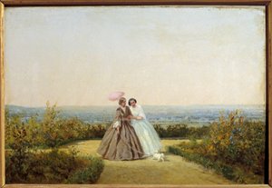 Women in the garden. Painting by Adolphe Potemont (1828-1883)