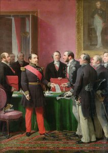 نابليون الثالث (1808-1873) يسلم المرسوم الذي يسمح بضم كوميونات الضواحي في باريس إلى البارون جورج هوسمان (1809-91) في يونيو 1859
